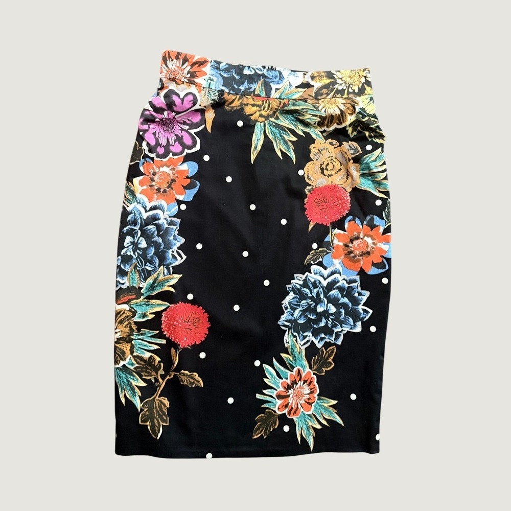Baraschi Floral Polka Dot Pencil Skirt Black Multicolor High Waist Size 0
